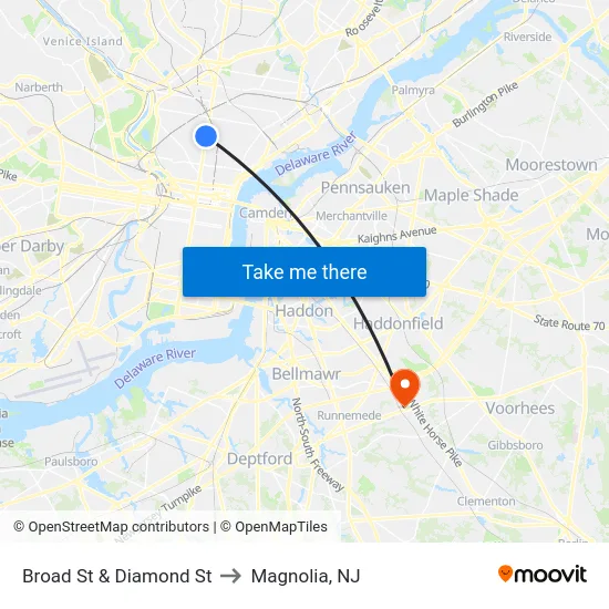 Broad St & Diamond St to Magnolia, NJ map