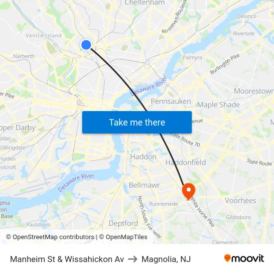 Manheim St & Wissahickon Av to Magnolia, NJ map