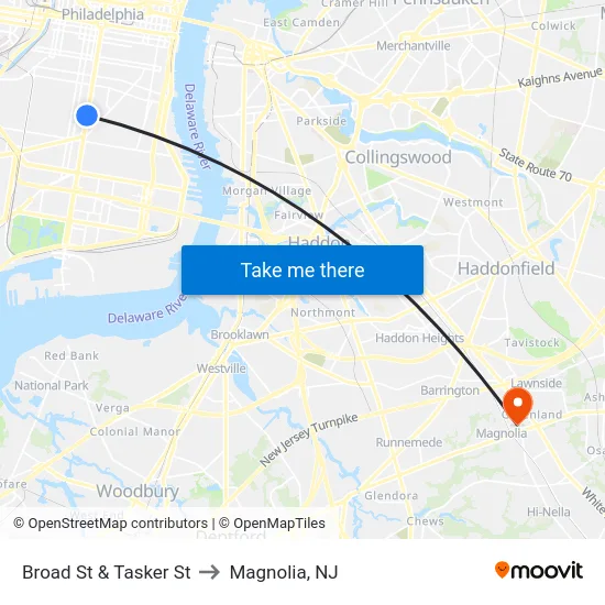 Broad St & Tasker St to Magnolia, NJ map