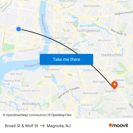 Broad St & Wolf St to Magnolia, NJ map