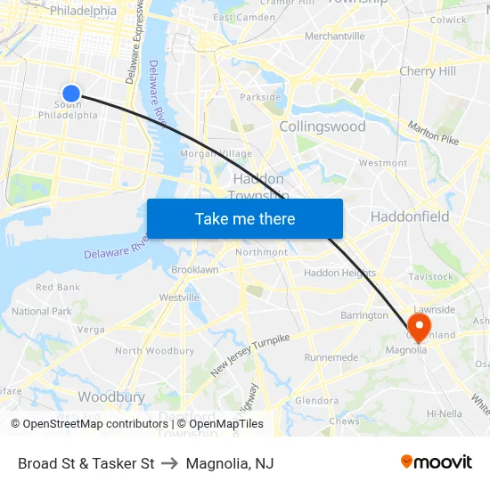 Broad St & Tasker St to Magnolia, NJ map