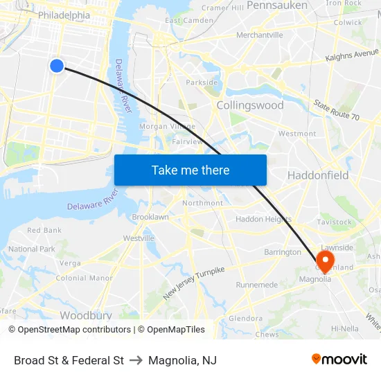 Broad St & Federal St to Magnolia, NJ map