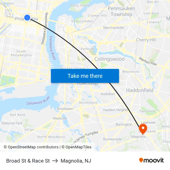 Broad St & Race St to Magnolia, NJ map