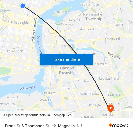Broad St & Thompson St to Magnolia, NJ map