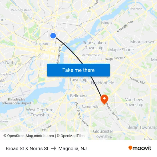 Broad St & Norris St to Magnolia, NJ map