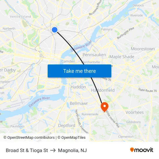 Broad St & Tioga St to Magnolia, NJ map