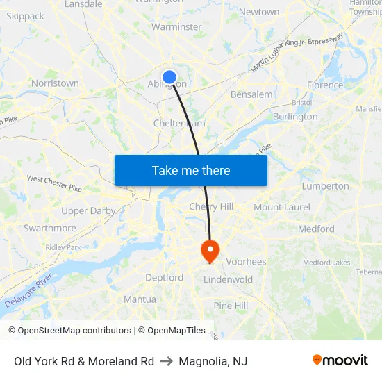 Old York Rd & Moreland Rd to Magnolia, NJ map