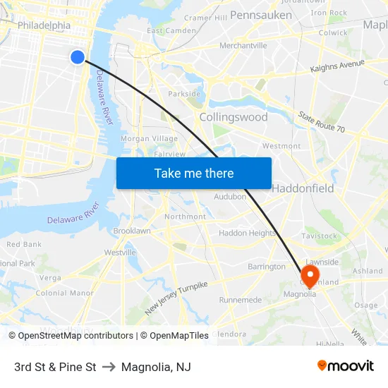 3rd St & Pine St to Magnolia, NJ map