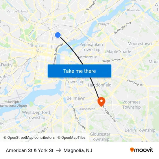 American St & York St to Magnolia, NJ map