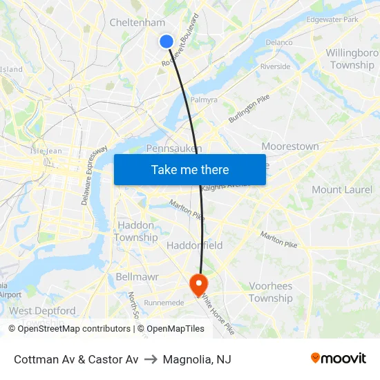Cottman Av & Castor Av to Magnolia, NJ map