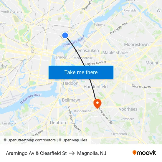 Aramingo Av & Clearfield St to Magnolia, NJ map