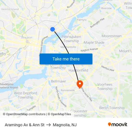 Aramingo Av & Ann St to Magnolia, NJ map
