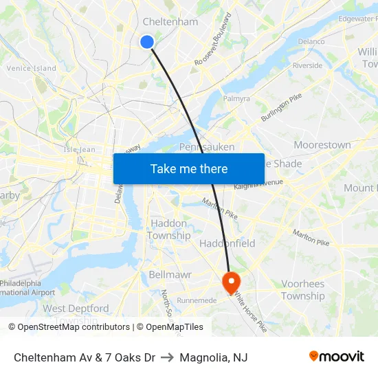 Cheltenham Av & 7 Oaks Dr to Magnolia, NJ map