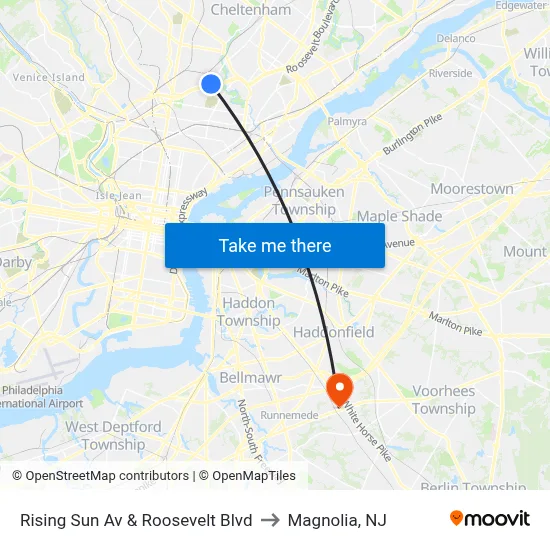 Rising Sun Av & Roosevelt Blvd to Magnolia, NJ map