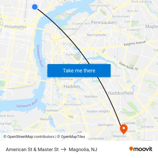 American St & Master St to Magnolia, NJ map