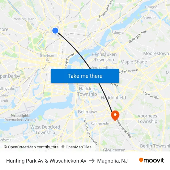 Hunting Park Av & Wissahickon Av to Magnolia, NJ map
