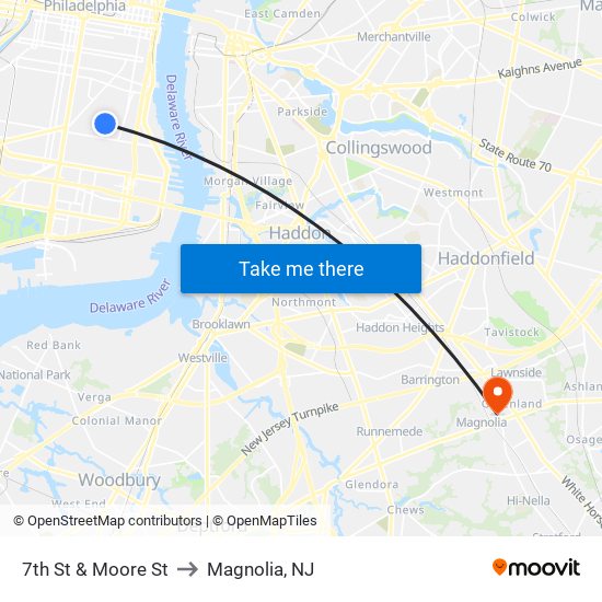 7th St & Moore St to Magnolia, NJ map
