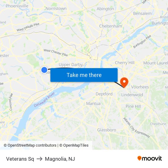 Veterans Sq to Magnolia, NJ map