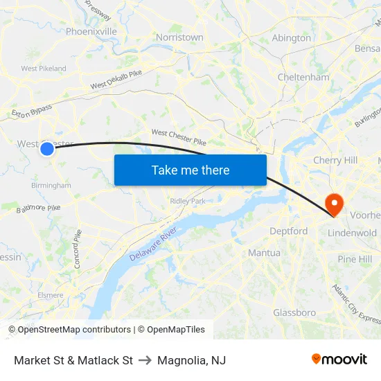 Market St & Matlack St to Magnolia, NJ map