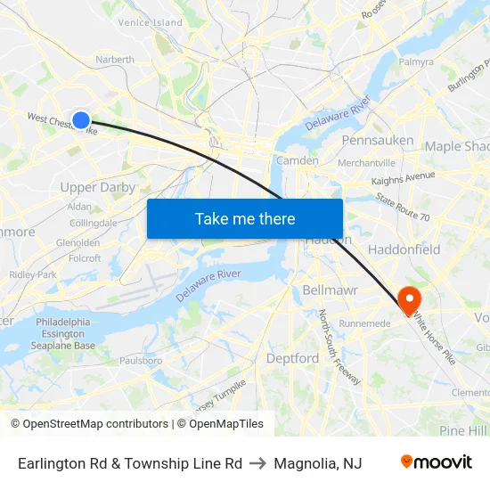 Earlington Rd & Township Line Rd to Magnolia, NJ map