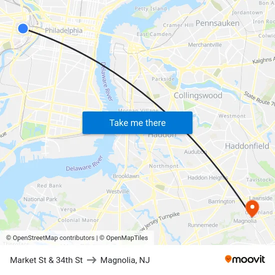 Market St & 34th St to Magnolia, NJ map