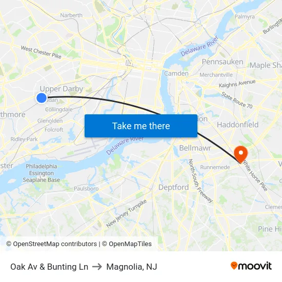 Oak Av & Bunting Ln to Magnolia, NJ map