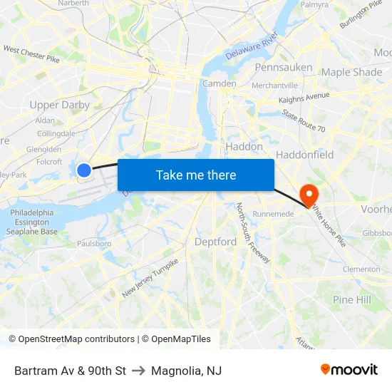 Bartram Av & 90th St to Magnolia, NJ map