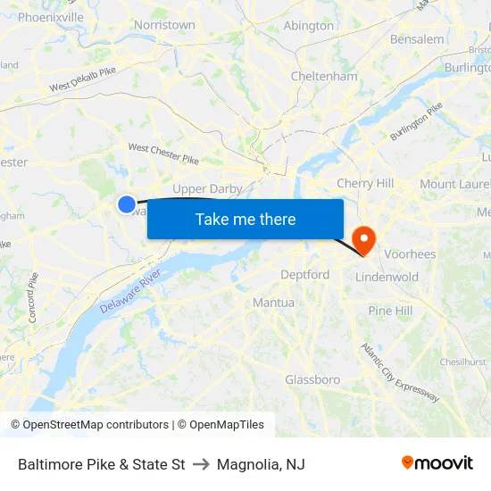 Baltimore Pike & State St to Magnolia, NJ map