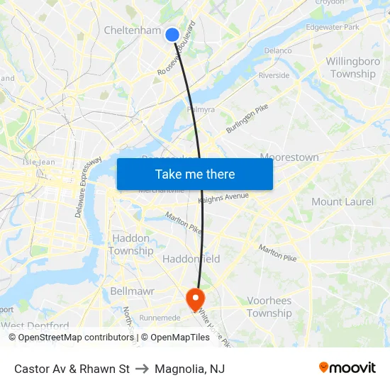Castor Av & Rhawn St to Magnolia, NJ map