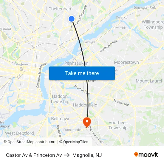 Castor Av & Princeton Av to Magnolia, NJ map