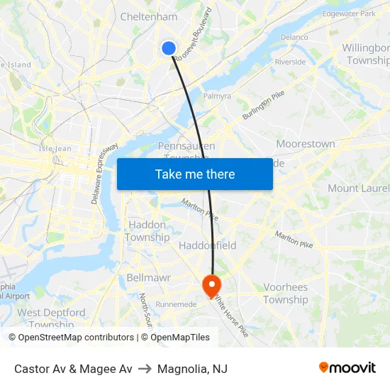 Castor Av & Magee Av to Magnolia, NJ map