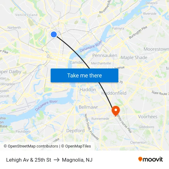 Lehigh Av & 25th St to Magnolia, NJ map