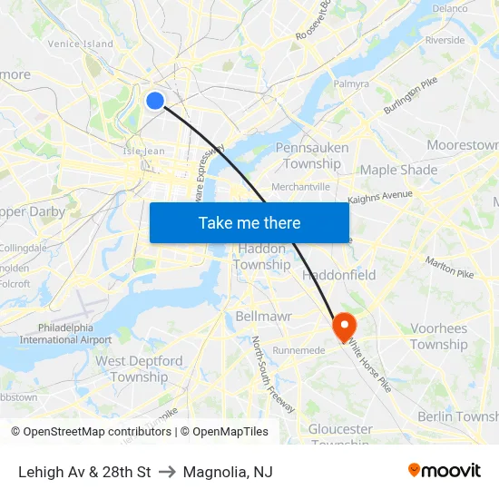 Lehigh Av & 28th St to Magnolia, NJ map