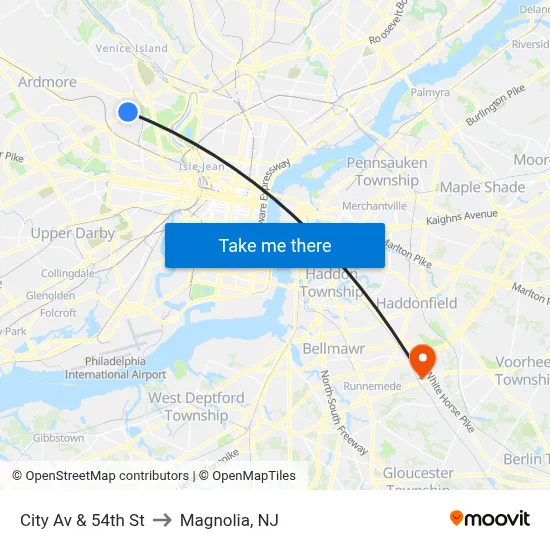 City Av & 54th St to Magnolia, NJ map