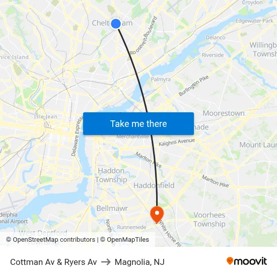 Cottman Av & Ryers Av to Magnolia, NJ map