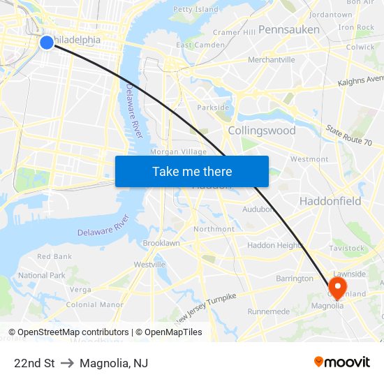 22nd St to Magnolia, NJ map