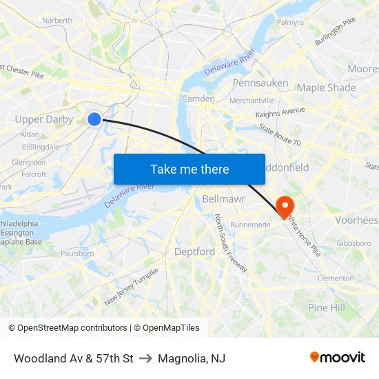 Woodland Av & 57th St to Magnolia, NJ map