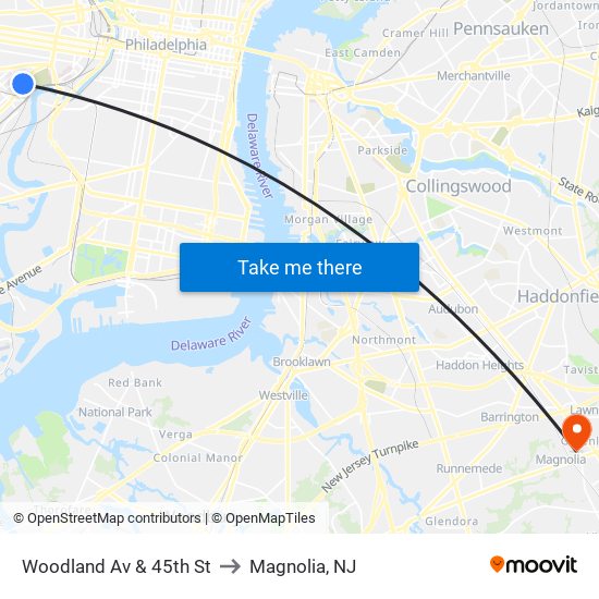 Woodland Av & 45th St to Magnolia, NJ map