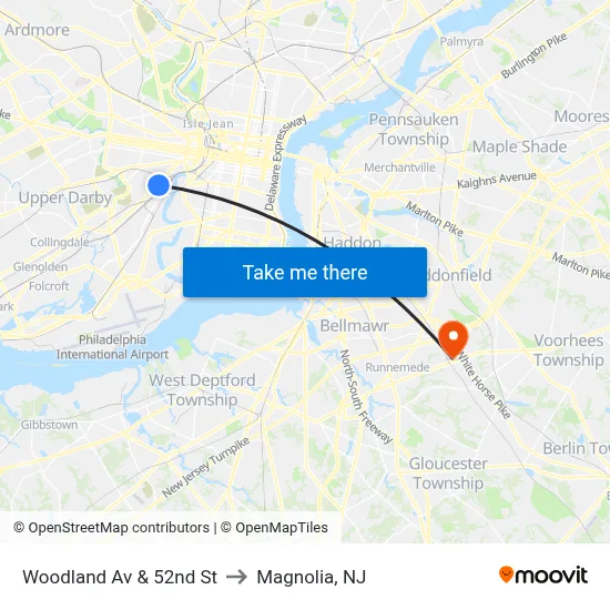 Woodland Av & 52nd St to Magnolia, NJ map