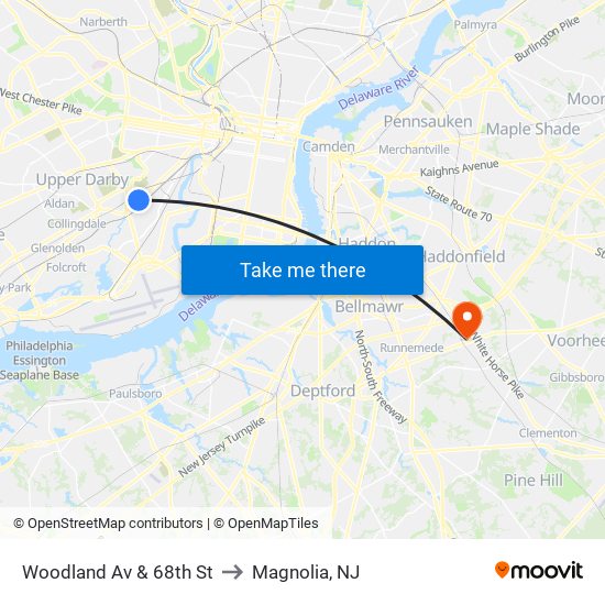 Woodland Av & 68th St to Magnolia, NJ map