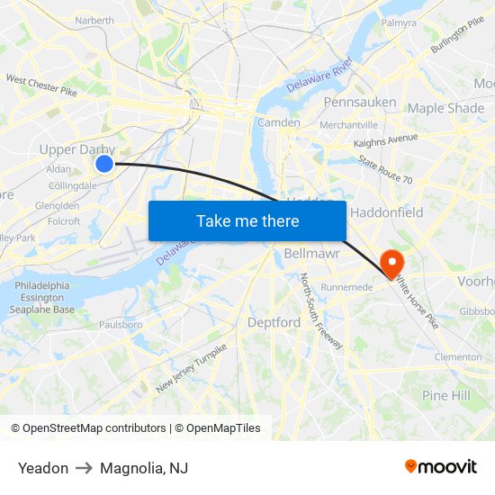 Yeadon to Magnolia, NJ map