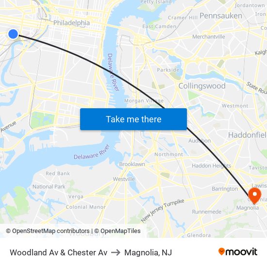 Woodland Av & Chester Av to Magnolia, NJ map