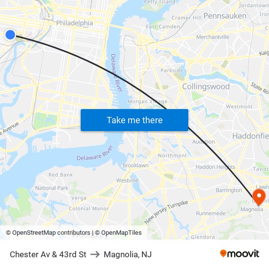 Chester Av & 43rd St to Magnolia, NJ map