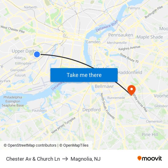 Chester Av & Church Ln to Magnolia, NJ map