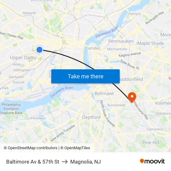 Baltimore Av & 57th St to Magnolia, NJ map