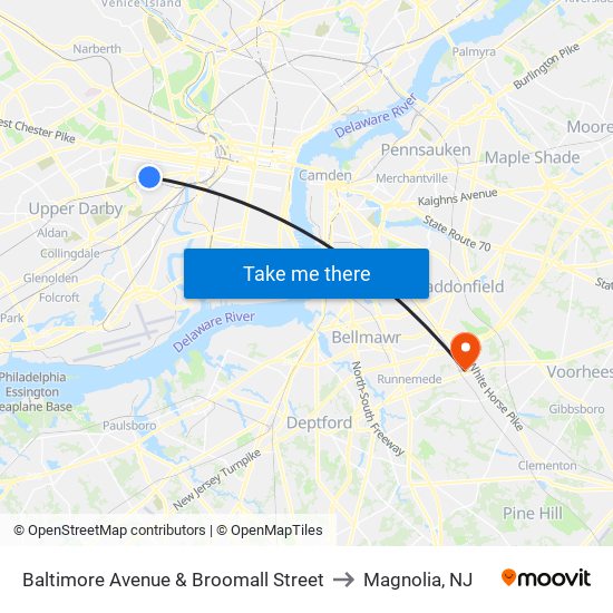 Baltimore Avenue & Broomall Street to Magnolia, NJ map