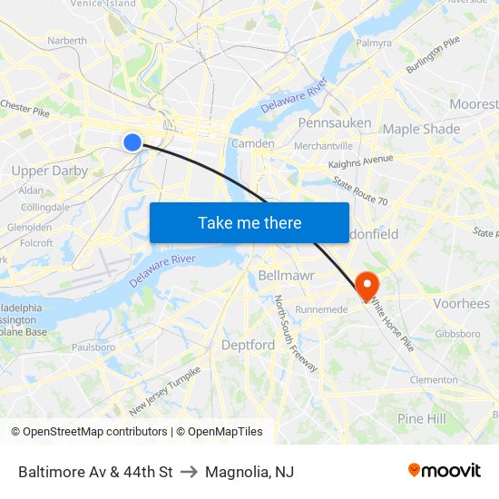 Baltimore Av & 44th St to Magnolia, NJ map