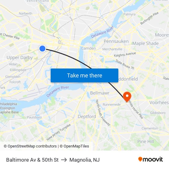 Baltimore Av & 50th St to Magnolia, NJ map