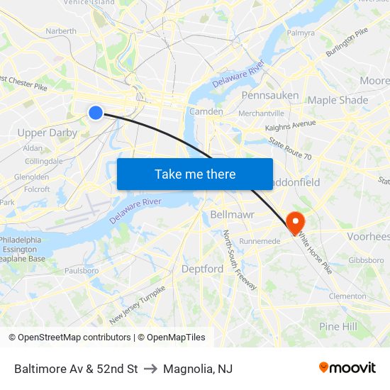Baltimore Av & 52nd St to Magnolia, NJ map