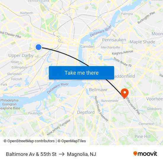 Baltimore Av & 55th St to Magnolia, NJ map